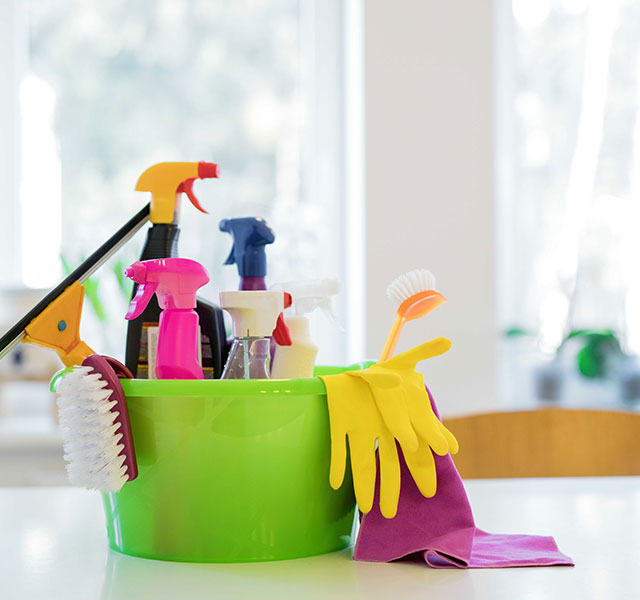 A bucket of cleaning products